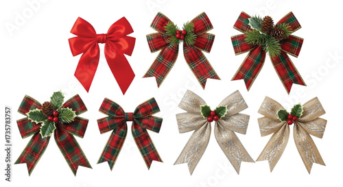 Festive collection of assorted holiday bows with pinecones and holly berries for Christmas decoration
