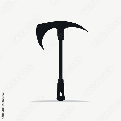 Construction work with a black silhouette of a mattock on light background. Construction work tool features a sharp adze and pick for digging and prying.