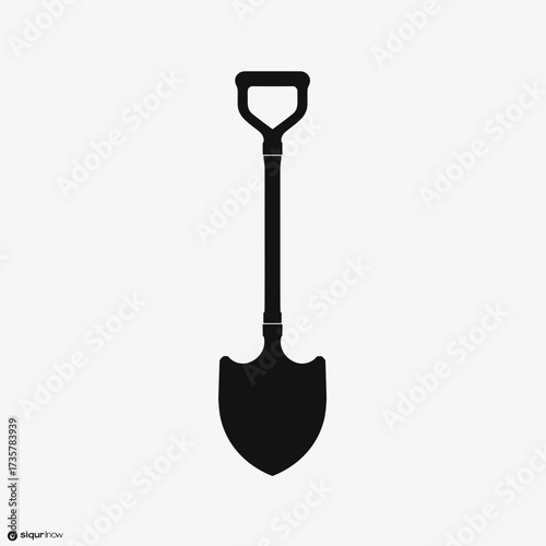 Black shovel on bright background, a simple tool for construction work. Shovel with ergonomic handle and digging head, essential for various excavation tasks, from gardening to construction.