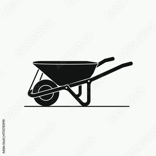 Wheelbarrow clip art in simple black and white style for construction work, conveying manual transport, and gardening. Wheelbarrow is designed for moving materials, supplies, and tools,