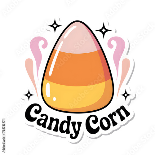 Cute candy corn halloween treat with pink swirls and stars isolated on transparent background