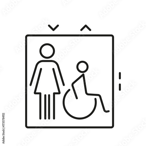 Elevator Accessibility Icon. Inclusive Mobility And Disability Access Outline Symbol. Female And Wheelchair User Representation. Editable Stroke. Isolated Vector Illustration