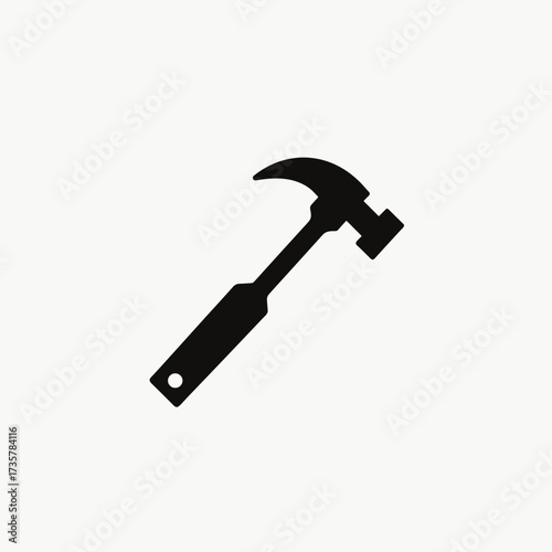 Hammer icon graphic on a white background, simple shape. Hammer icon depicted with a silhouette, offering straightforward imagery ideal for various construction work contexts.