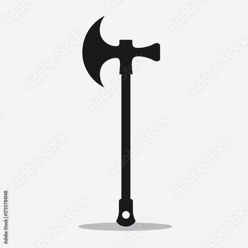 Black battle axe, a medieval weapon isolated on white. Battle axe silhouette shows sharp blade and long wooden handle. Battle axe for construction work visualization, history blogs,