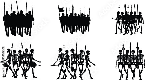 Skeleton army vector illustration with marching undead soldiers, spears, haunted warriors, dark silhouettes, spooky parade, horror Halloween gothic battle design.