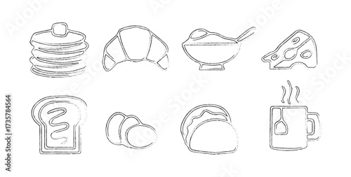 Hand Drawn Breakfast Food Icon Set – Line Style Pancakes, Croissant, Cereal Bowl, Cheese, Bread, Eggs, Taco, and Hot Drink Cup