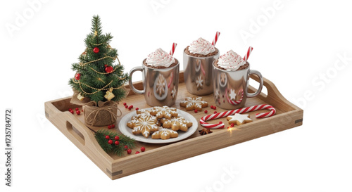 Cozy Christmas morning with hot cocoa, gingerbread cookies, and a festive mini tree on a wooden tray.