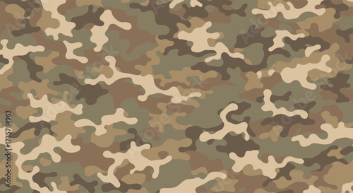 A detailed close-up view of a woodland camouflage pattern featuring irregular shapes in shades of green brown and tan.
