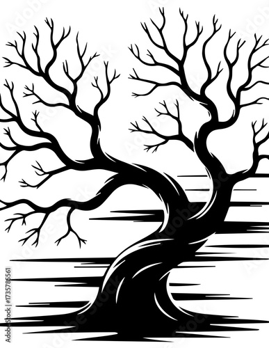 Silhouette of a Tree: A stark, graphic illustration captures the silhouette of a majestic tree against a clean backdrop, its bare branches reaching towards the sky.