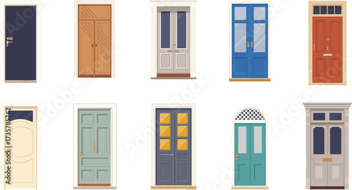 Vector illustration of colorful front doors, vintage and modern entrance designs, architectural home exteriors, classic entryways, decorative urban doors.