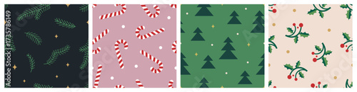Seamless Christmas holiday patterns set. Festive Xmas prints, repeating textu...