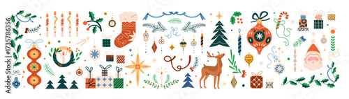 Christmas and New Year decorations, design elements set. Xmas decor bundle. Festive bauble, winter holiday ornament, gift, reindeer, Santa Claus. Flat vector illustrations isolated on white background