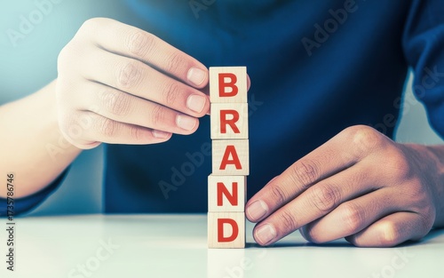 A person's hands stacking wooden blocks to build the word 'brand,' symbolizing corporate identity, marketing strategy, and business development
