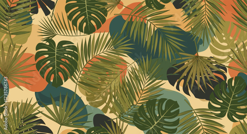 A vibrant tapestry of tropical foliage featuring diverse green leaves and warm abstract shapes on a muted yellow background.