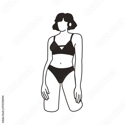 Woman in lingerie. Underwear, bra and panties on thin slim female figure, body shape. Girl wearing bikini, feminine silhouette. Contoured outlined flat vector illustration isolated on white background