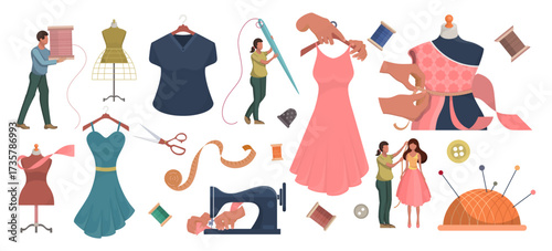Flat vector illustration of tailoring and dressmaking tools with sewing machine, mannequin, fabric, and fashion design process.
