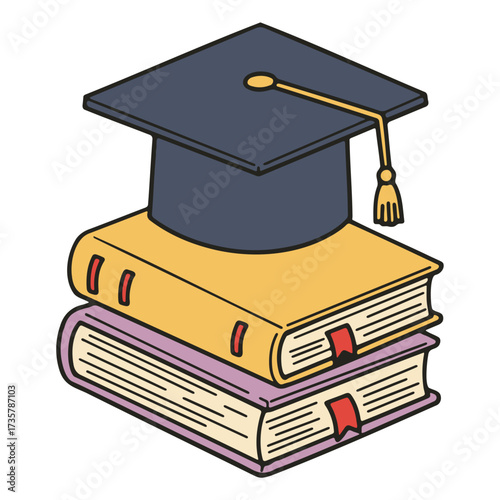 Illustration of a graduation cap placed on top of a stack of two colorful books with bookmarks
