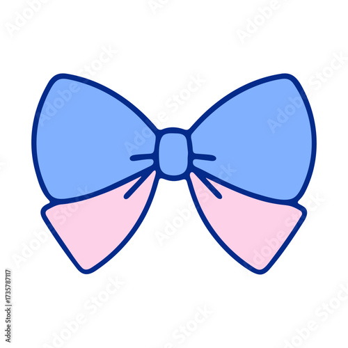 Illustration of a blue and pink bow with a dark outline on a white background design element