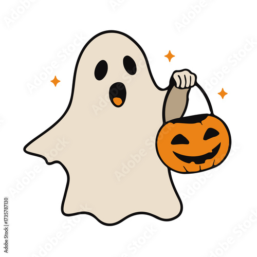 Cute cartoon ghost holding a pumpkin bucket for trick or treating on halloween night celebration
