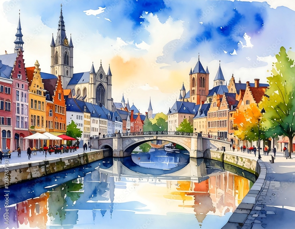 Fototapeta premium European city canal scene, colorful watercolor