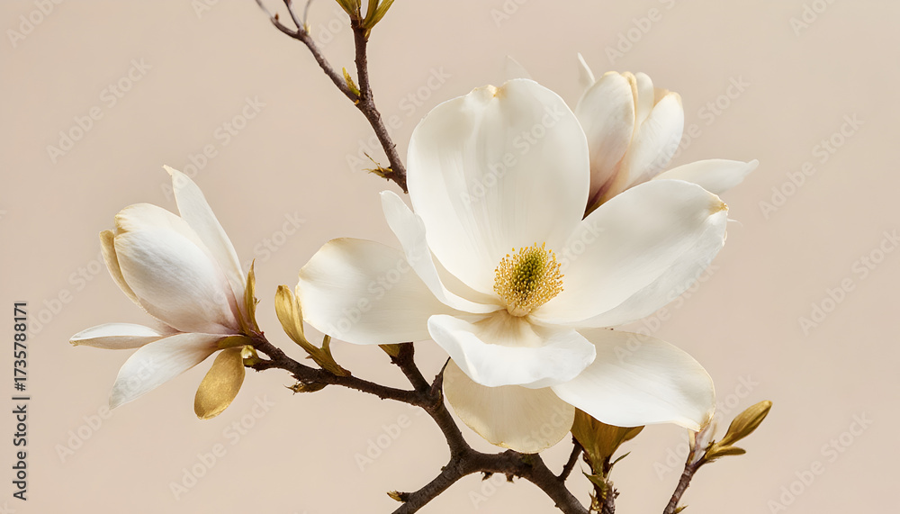 Obraz premium White Magnolia Flower Blooming on Branch in Soft Natural Light