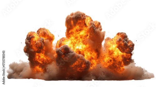 Massive Explosion (Orange Flames, Brown Smoke) on Stark White Background �C Reveals Scattered Detritus, PNG, no background