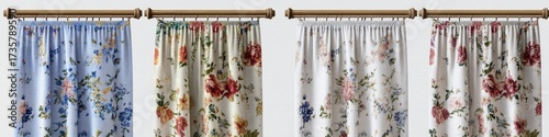 Floral patterned window curtains on wooden rod