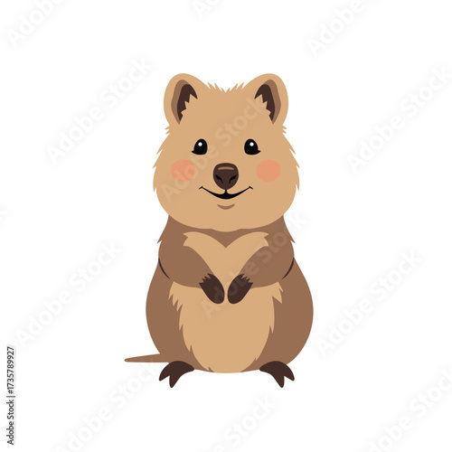 A cute cartoon quokka with rosy cheeks smiles happily while standing on its hind legs.