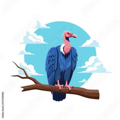 A majestic vulture perched on a branch against a bright blue sky with fluffy white clouds.