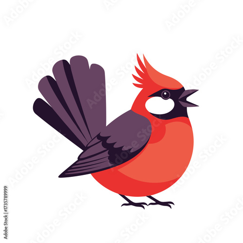 A vibrant red cardinal bird with a black mask and fluffy tail sings cheerfully in its natural habitat.