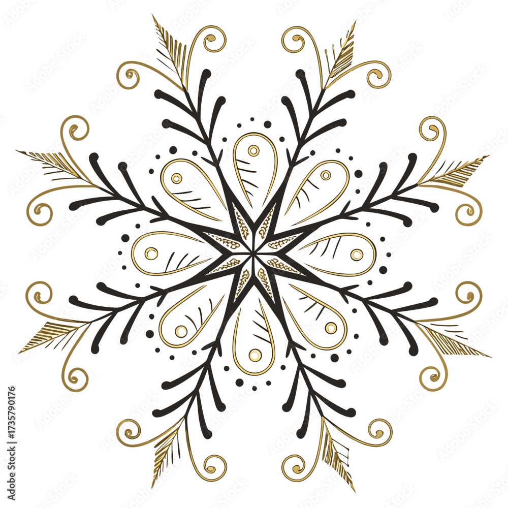 Fototapeta premium Elegant black and gold snowflake design with intricate swirling patterns and delicate floral elements