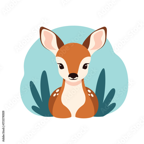 A charming illustration of a young deer sitting peacefully amidst soft blue foliage and abstract shapes, symbolizing innocence and nature's gentle beauty.