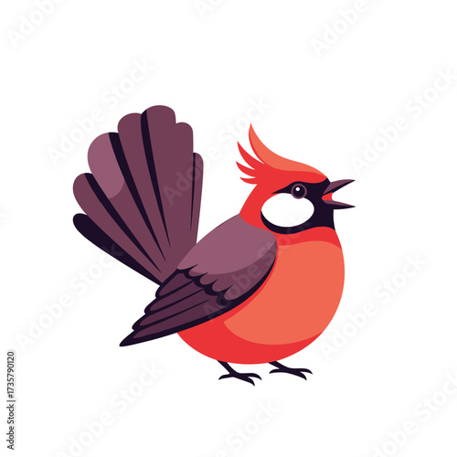 A small plump cardinal bird with a fluffy tail is singing with its beak open and a prominent crest on its head.