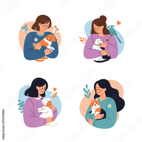 Four women lovingly holding different kinds of pets in a stylized illustration.
