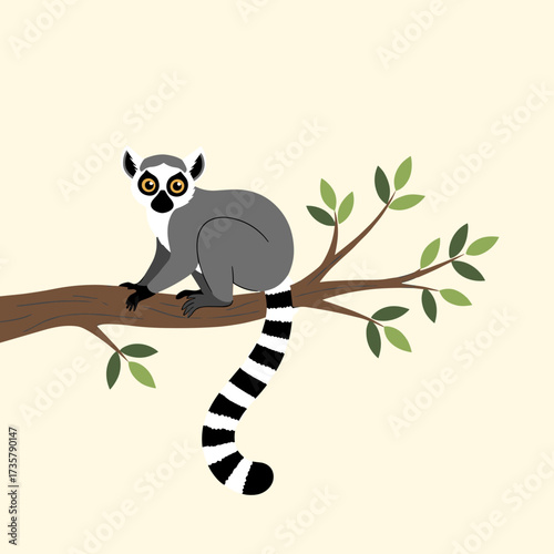 A ring-tailed lemur perched on a branch with green leaves surrounding it.