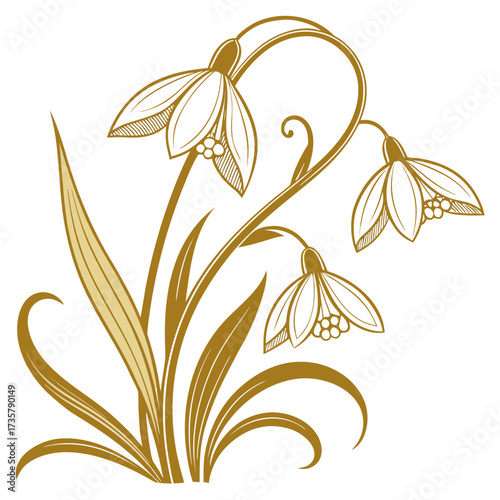 Elegant art nouveau illustration of snowdrop flowers with delicate leaves and swirling stems in a golden hue