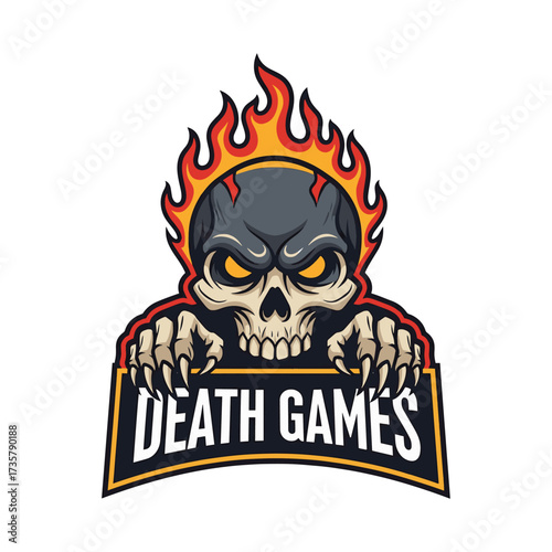 Fiery Skull Mascot Logo for Esports and Gaming with Intense Eyes and Bone Hands, Death Games Team Emblem, Perfect for Streaming Channel and Tournament Branding