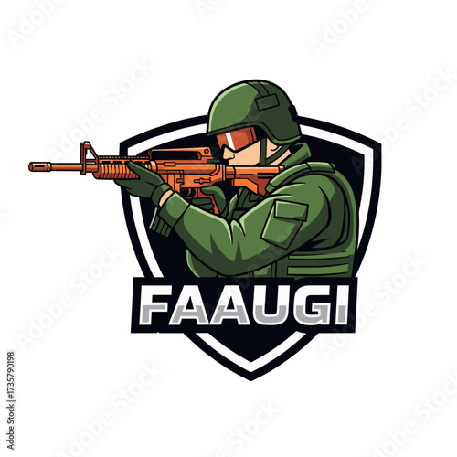 Intense soldier aiming assault rifle, ready for action in a tactical military operation or competitive gaming tournament, perfect for esports team logo or gaming brand design project