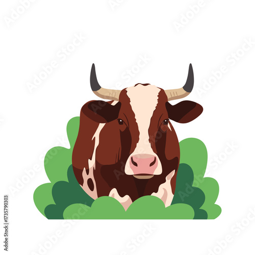 A brown and white cow peeking out from behind green bushes on a sunny day.