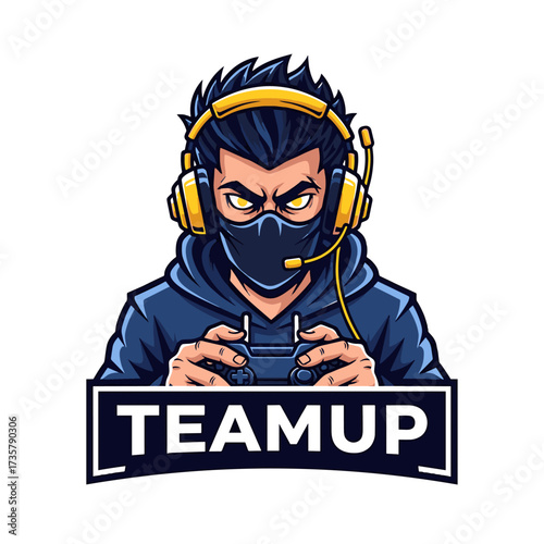 Dynamic esports gamer mascot in a ninja mask and headphones gripping a controller, ready for intense online gaming action and competitive team branding with the 'TeamUp' slogan.