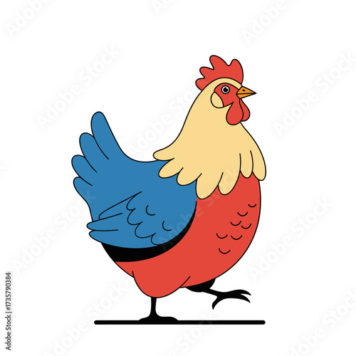A cartoon drawing of a plump chicken with red body blue wings and yellow neck feathers walking.