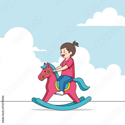 A cheerful child happily rides a pink toy horse on a bright day with fluffy clouds in the sky.
