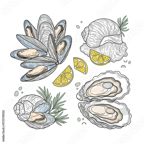 A delicious arrangement of fresh oysters mussels and escargots served with lemon slices.