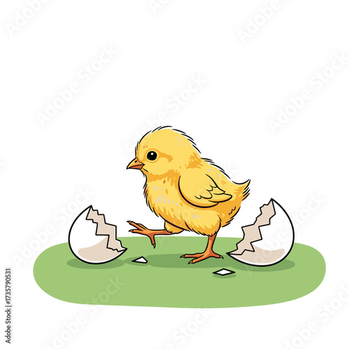 A newly hatched chick stands proudly next to its broken eggshell on a green grassy patch.