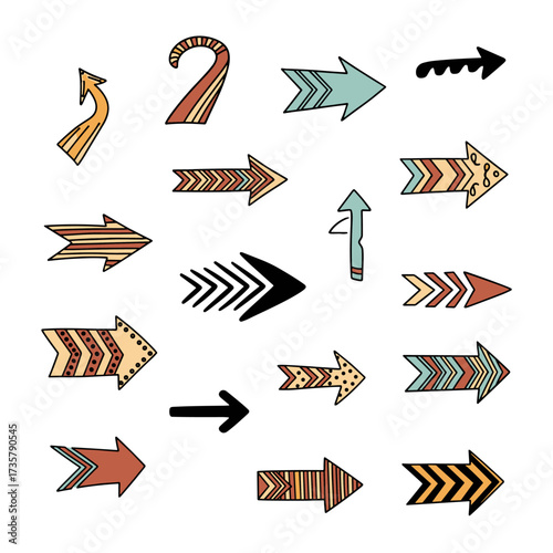 A diverse collection of hand drawn arrow illustrations with varied styles patterns and orientations.