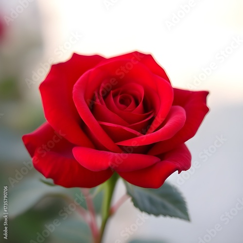 A close-up of a single blooming red rose with soft petals, symbolizing love and elegance. The background is softly blurred, highlighting the beauty and detail of the flower in focus. Natural lighting 