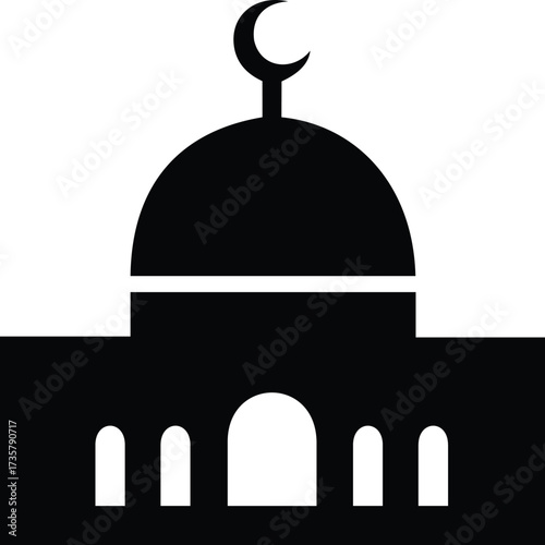 Simple silhouette of a mosque with dome and crescent moon icon for religious and cultural use