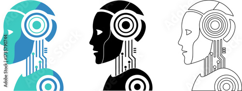 Three stylized robot head profiles in blue, black, and white, showcasing futuristic technology and design.