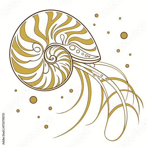 Elegant golden nautilus shell with swirling tentacles and scattered bubbles on a white background