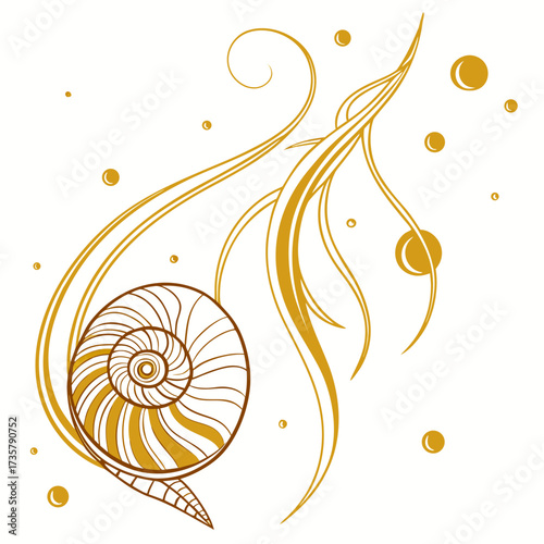 Elegant golden nautilus shell with swirling decorative elements and floating circles on a white background